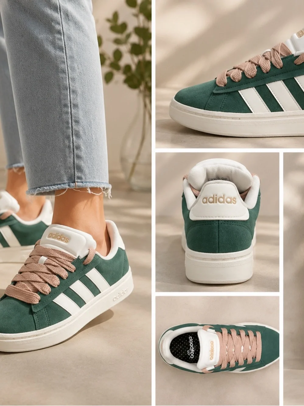 adidas Women’s Dark Green Suede Sneakers with Blush Pink Laces